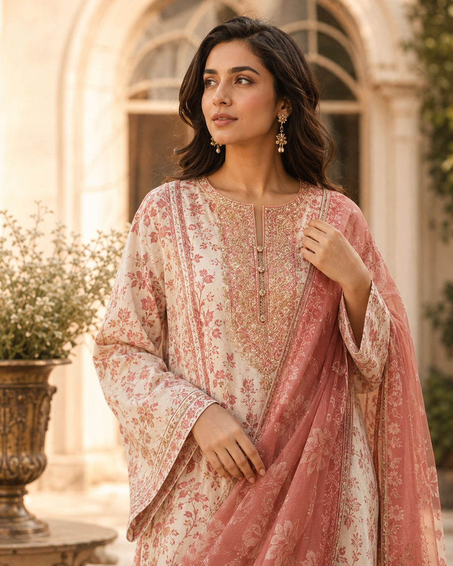 Embroidered formalwear collection look